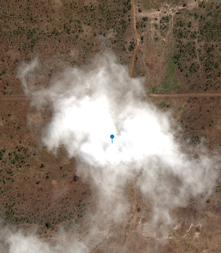 Pléiades Neo © CNES (2022), Distribution AIRBUS DS  Fig 1. Cloud cover in Game reserve. Where a recent wildlife survey ground team picked up wildlife sightings at these co-ordinate at the time of satellite image capture. But on a day of 97% cloud free cover, frustratingly this small cloud was the only one obscuring the main object of interest